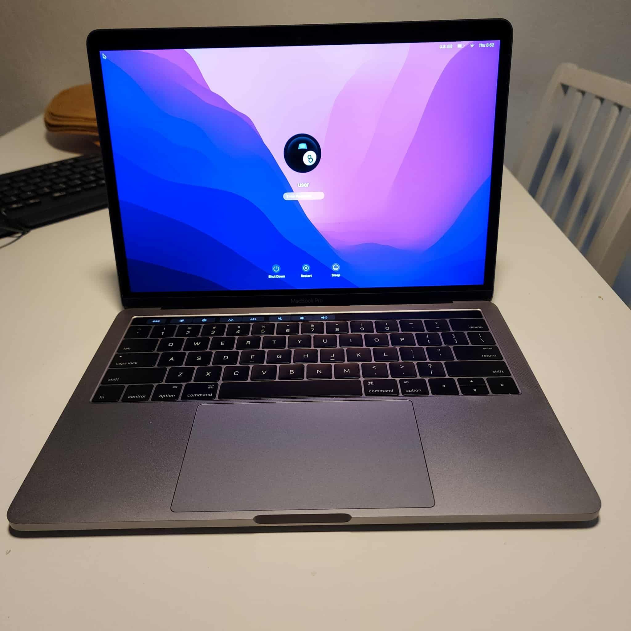 MacBook Pro 13-inch 2017  Core i5 3.1 GHz 16GB RAM  250 SATA SSD  macOS Monterrey  version 12.7. ** camera doesn't work , some scratches ** still func