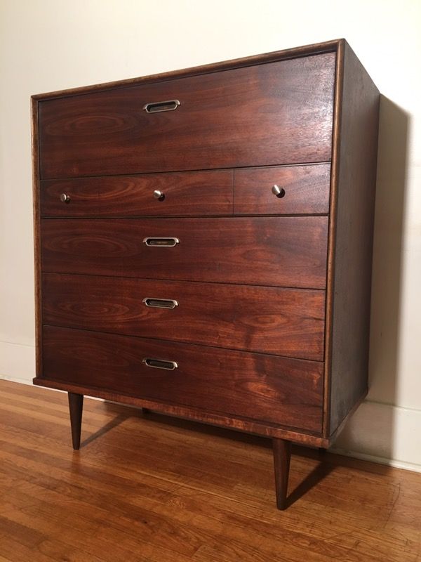 Refinished Handsome Mcm 5 Drawer Tallboy Dresser By Bp John For