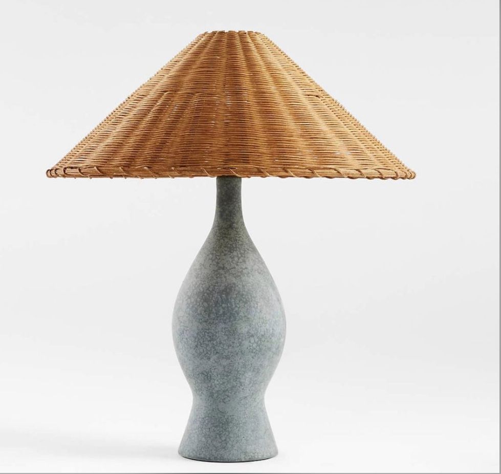 NEW Crate & Barrel Courbe Green Ceramic Table Lamp with Rattan Shade by Athena Calderone