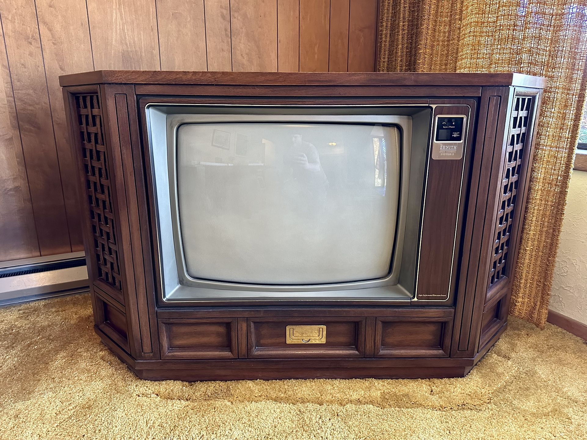 Vintage 1980's Zenith Wood Corner TV Console with Crosshatch Speakers
