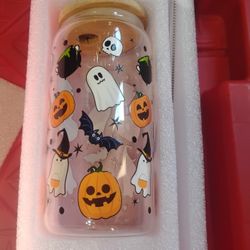 Halloween Glass Cup With Straw NEW 
