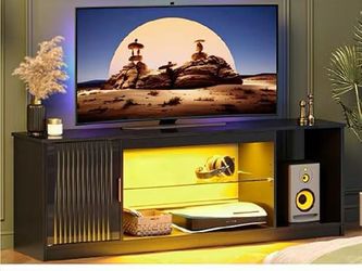 Fluted TV Stand for 65 Inch TV, Gaming LED Entertainment Center with Cabinet for PS5 Xbox, High Gloss TV Console for Living Room, Adjustable Glass She
