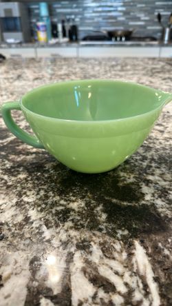 vintage Fire-King Jadeite glass batter mixing bowl with a pour spout