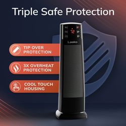 Lasko 22" Oscillating Ceramic Tower Space Heater, Auto Dimming Display, Tip-Switch, Remote, CT22850