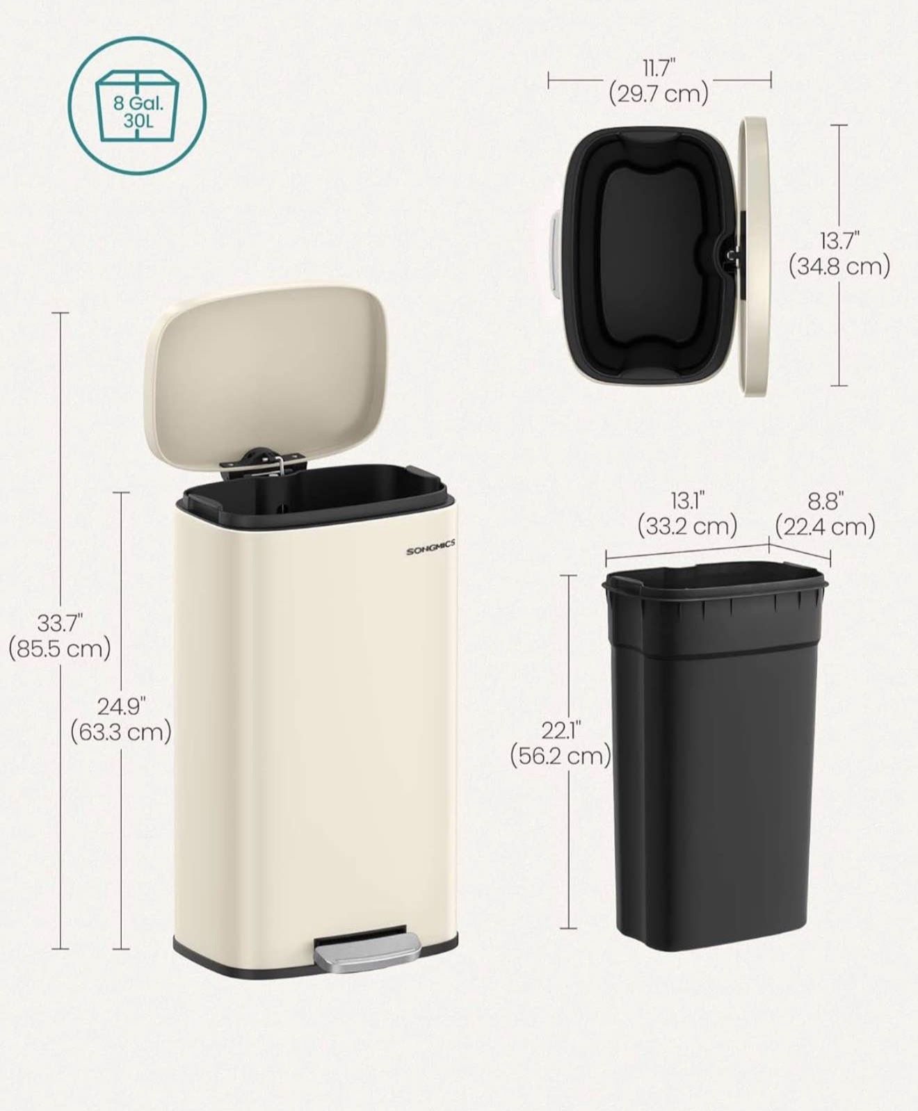Trash Can with Lid, 8 Gallon Garbage Can, Stainless Steel Small Waste Bin with Step Pedal and Inner Bucket, Soft Close, Kitchen, Sand Beig