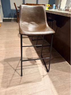 Set Of 3 Brown Faux Leather  Swivel Bar Stool Metal Frame Double-cushioned Counter Height Stool