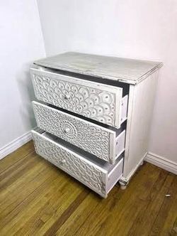 SALE! Distressed Retro 3 Drawer Storage with Carved Finch Feather Pattern-White For Home Or Office