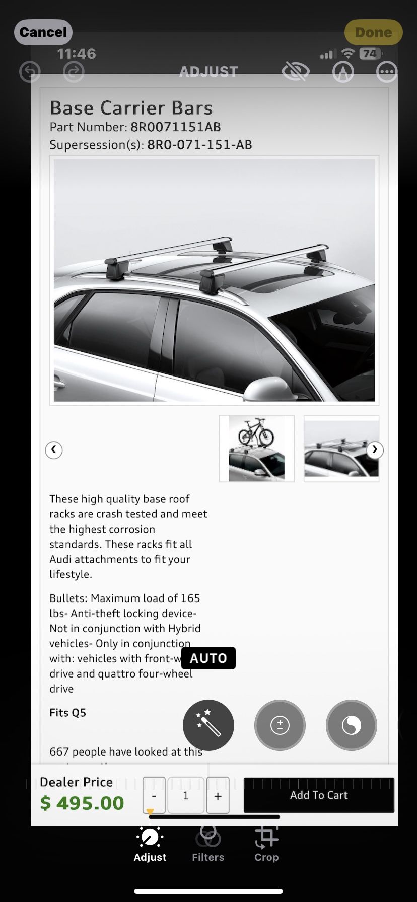 NEW GENUINE OEM AUDI Q5 SQ5 2013-2017 CARRIER ROOF RACK CROSS BARS