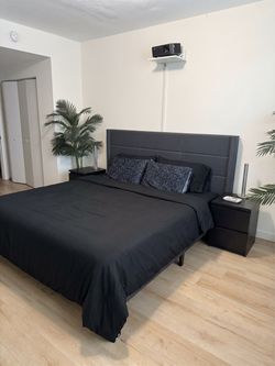 King Bed Frame Set - Gray Upholstered Headboard + 2 Matching Nightstands + Mattress