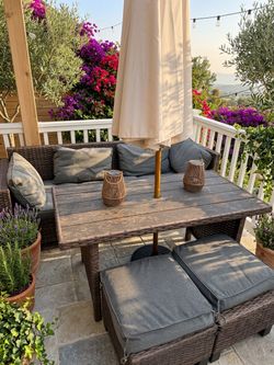 Outdoor Couch, Table, Ottomans, Umbrella, and Umbrella stand