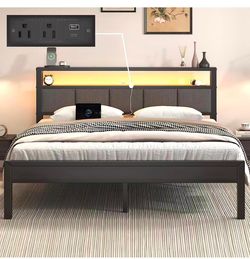 Queen Size Bed Frame with LED Lights and Charging Station, Light Grey
Industrial Metal Platform Bed with 2-Tier Upholstered Storage Headboard, No Box 