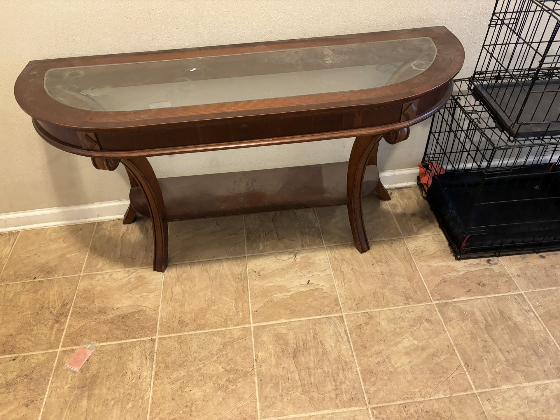 Foyer Entry Way Table - Wood Glass Top . Nice Shape . Firm Price 