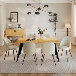 Homy Casa Lancelot 7PC Dining Set 63" Oak Table Set with 6 Haven Beige Fabric Upholstered Chairs Multi-Room Dining Set