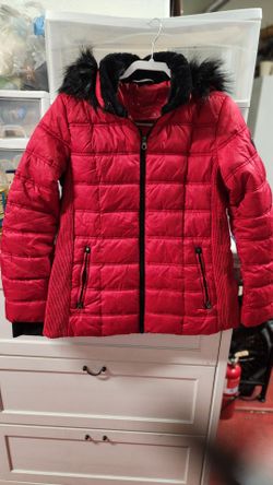 Nautica Red Puffer Jacket with Faux Fur Hood