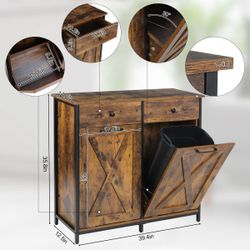 Double Tilt Out Trash Can Holder 20 Gal, Wooden Kitchen Recycling Bin with Drawers & Tabletop, Dog-Proof (Retro Brown)