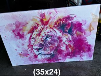 Artificial purple flowers, framed canvas, lion picture
