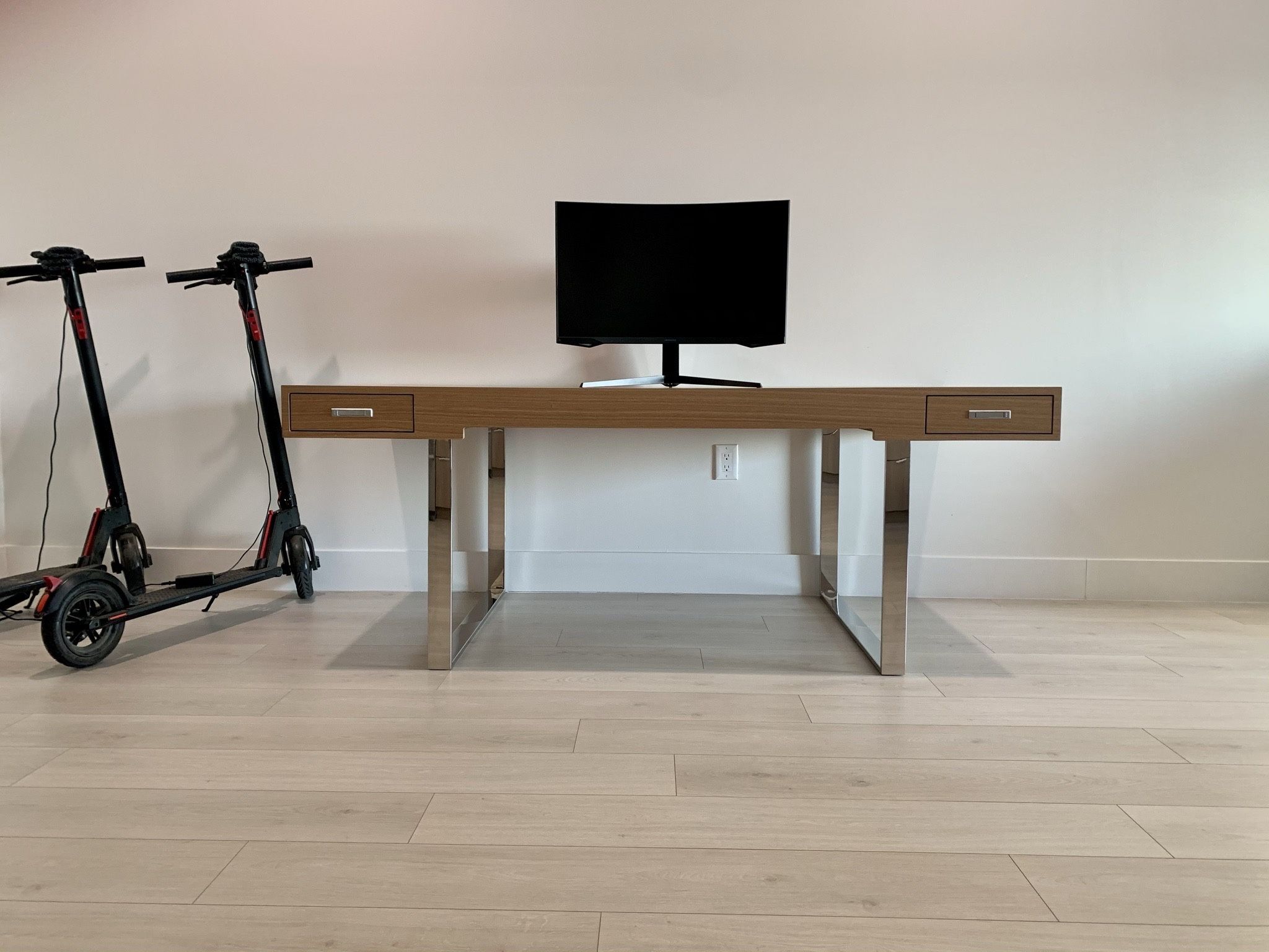 Modern Desk with Polished Steel Base and Dual Storage Drawers
