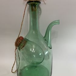 Vintage Hand Blown Green Glass Wine Decanter Ice Chamber & Plug
