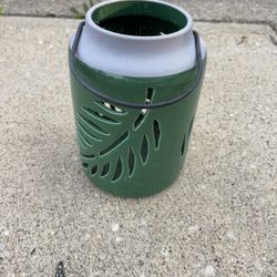 Green Ceramic Lantern with Leaf Cutouts