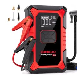 Gooloo Jump Starter with Air Compressor, 3000A Portable Car Battery Jump Starter (9.0L Gas/6.5L Diesel) with 150PSI Digital Tire Inflator, 12V Car Bat