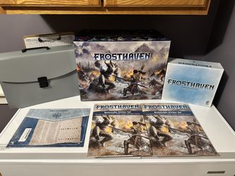 Frosthaven With Tons of premium upgrades, 2 Reusable Sticker packs, Premium card sleeves for the whole game, Solo scenarios, Tile organizer, 