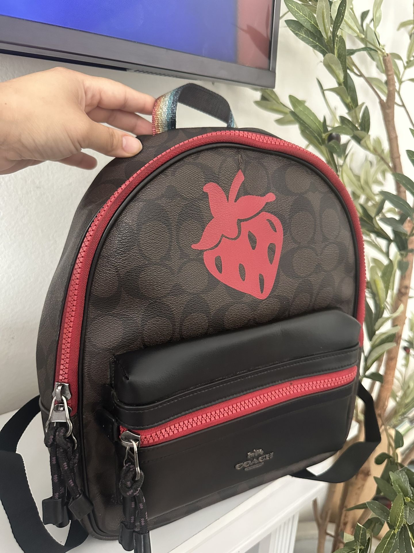 Coach Charlie Backpack Signature Canvas Strawberry Motif Brown Black NWT F78252
