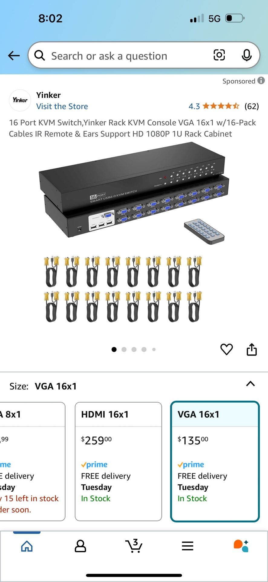 Yinker 16 Port KVM Switch,Yinker Rack KVM Console VGA 16x1 w/16-Pack Cables IR
