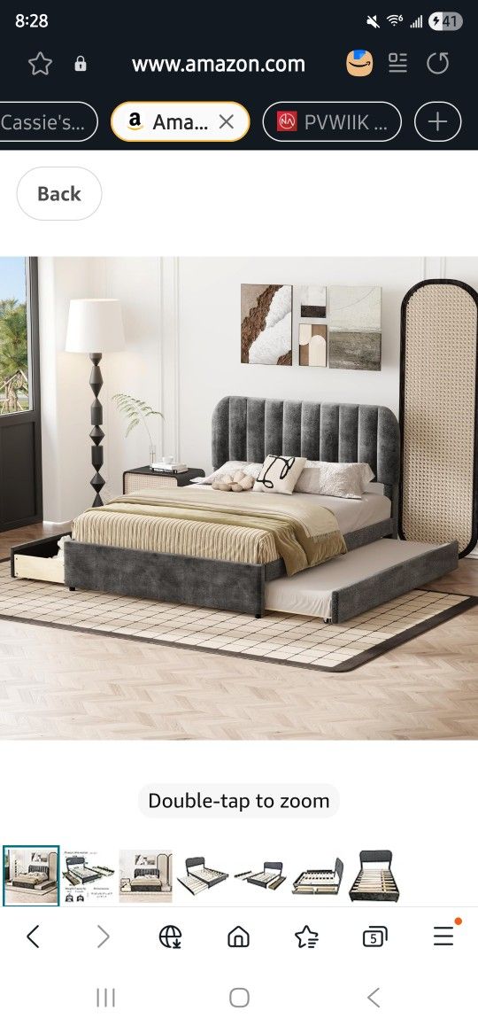 PVWIIK Upholstered Full Platform Bed with Trundle & Storage Drawers, Tufted Button Soft Fabric Bedframe with Plus USB Port & LED for Bedroom,