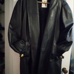 Ladies Black Leather Swing Coat/ Large Leather Coat