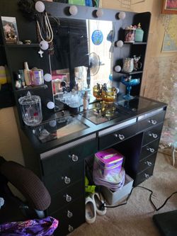 Ultimate Professional Makeup Artist Startup Lot: Fully Assembled Hollywood RGB Vanity Desk & Massive 100+ Pc Brand New Makeup Box