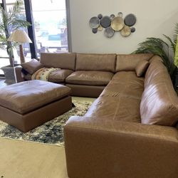 Emilia Caramel Leather 5pc Modular Sectional + Ottoman