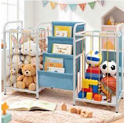Kids Dual-Side Toy Storage and 3-Tier Bookshelf- Montessori Toddler Organizer with Divided Left and Right Toy Bins & Bookcase for Nursery, Playroom (W