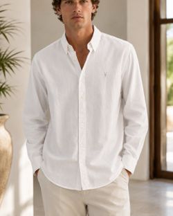 AllSaints XL White Cotton Ramskull Button-Up Shirt