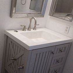 Modern Bathroom Vanity Single Sink Ceramic Basin 2 Drawers Open Shelf White