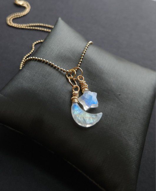 Rainbow Moonstone STAR & MOON necklace 