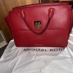 Michael Kors Sylvia Large Crossgrain Leather Satchel & matching Michael Kors red wallet