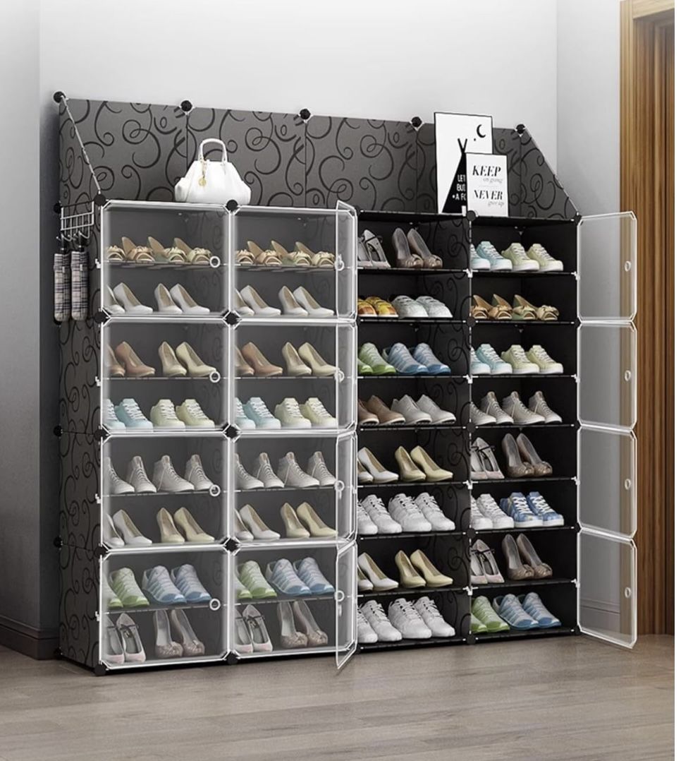 Portable Shoe Rack Organizer with Door, 96 Pairs Shoe Storage Cabinet Easy Assembly, Plastic, Adjustable, Stackable Detachable Free Standing (V066)