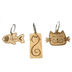 6 Custom Handmade Wooden Cat Keychain Laser Engraved Cute Cat & Fishbone Design 
