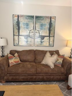 Brown Leather-Style Sofa/Couch - Nailhead Trim - Excellent Condition