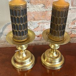 Mcm Brass Candleholders With Candles