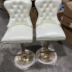 Modern Adjustable Leather Bar Stool Set of 2 with High Back and Gold Base, Cream White - 2 Pieces 