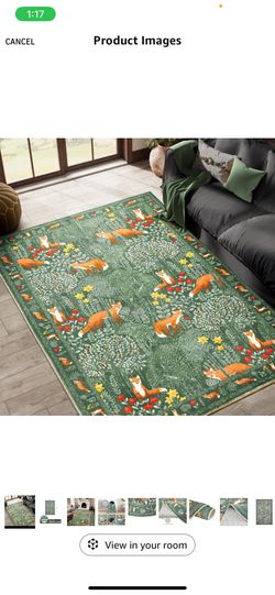 Green Botanical Living Room Rug, Ultra Thin Boho Vintage Floral Indoor 8x10 Area Rug Washable, Summer Tropical Woodland Plants Animals Rug Accent Carp