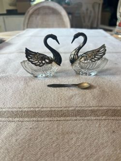 Vintage Pair of Swan Open Salt Cellars Clear Crystal with Silver  Plate  Neck and Wings