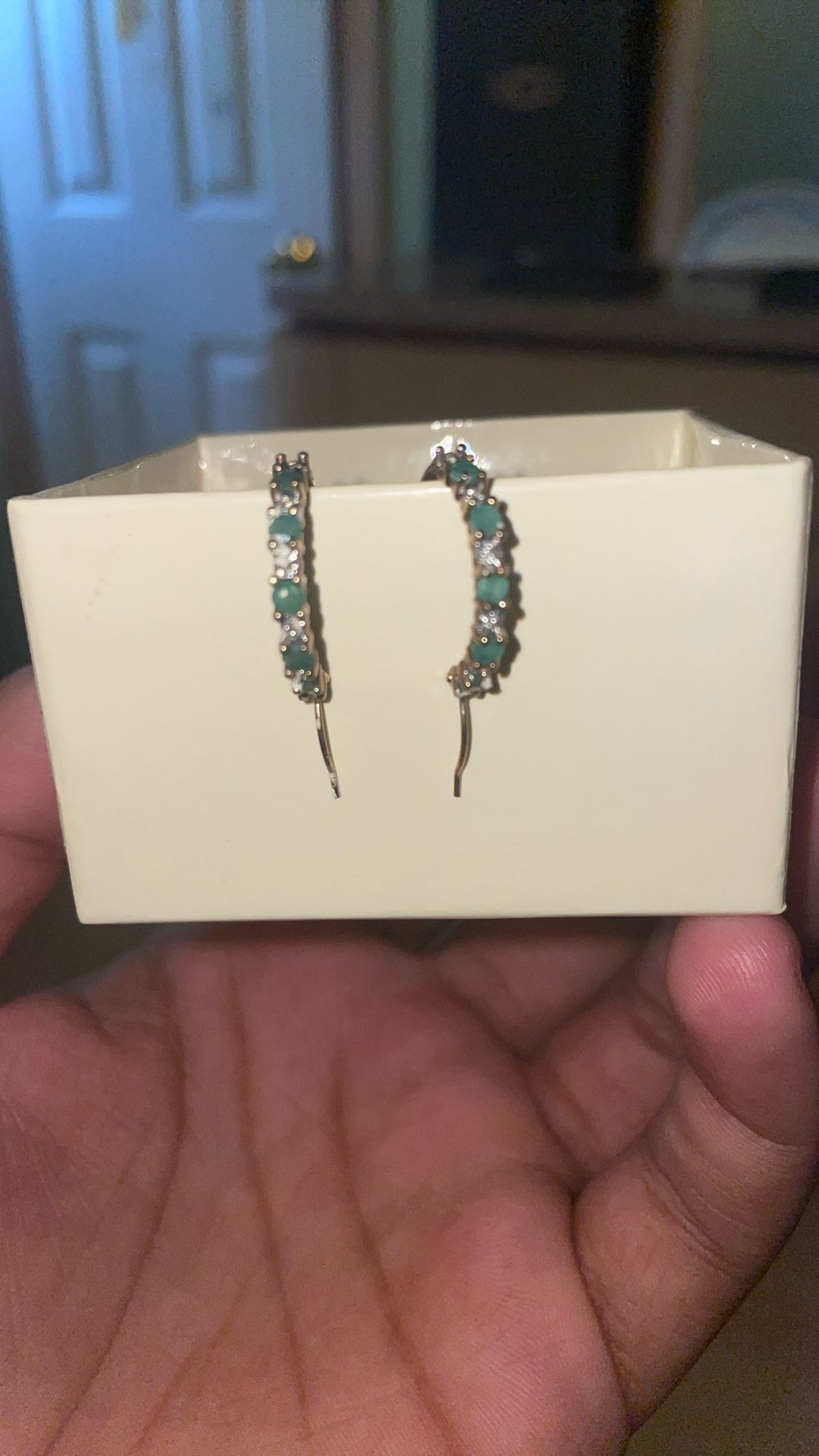 14k gold earrings with green stones and diamonds open to negotiate
