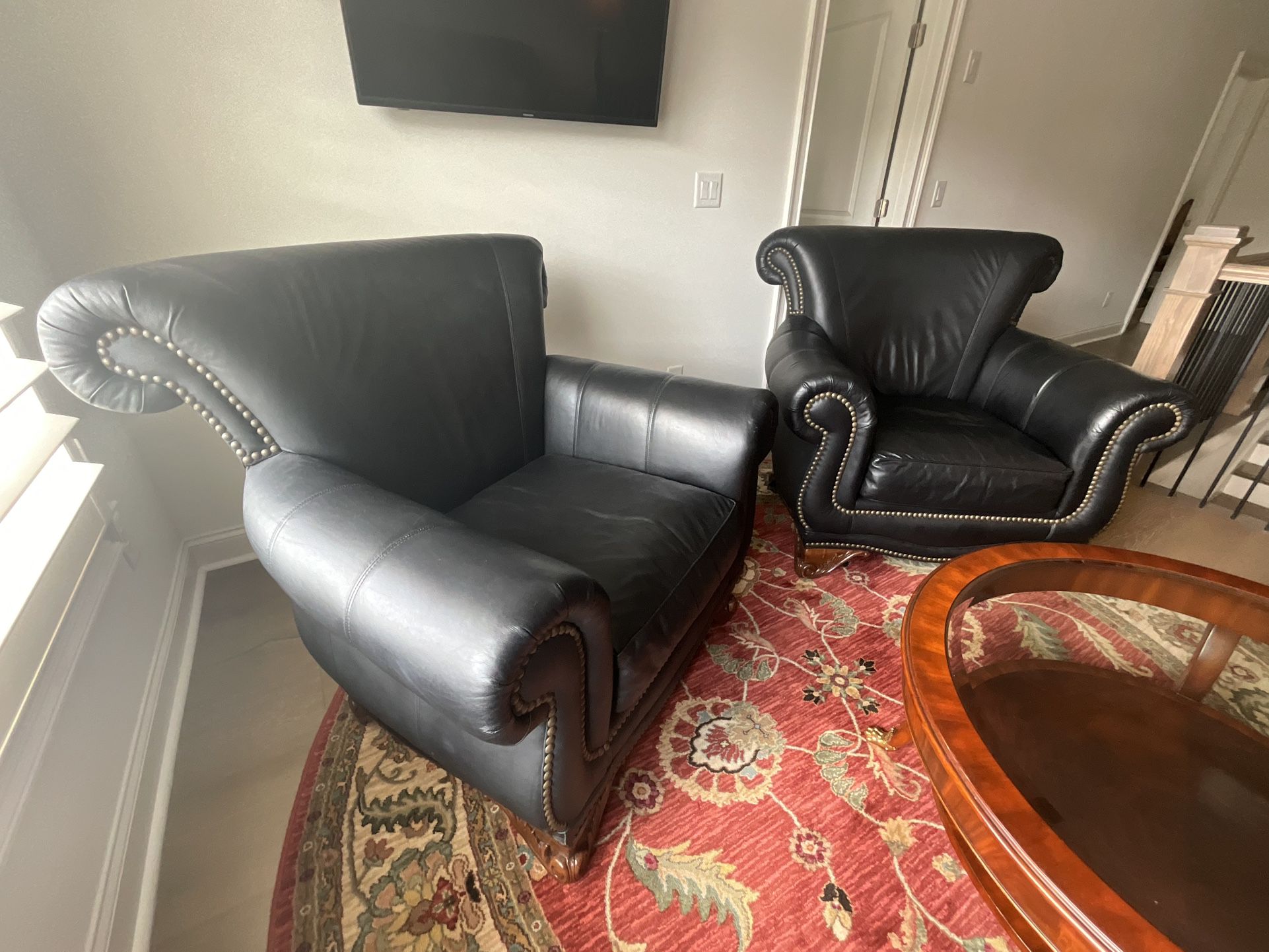 Pair Of Thomasville Plush Leather Chairs And Ottoman