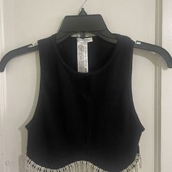Black Crop Top with Beaded Fringe Size XS
