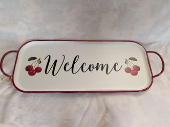 (2) Used vintage-style rectangular "Welcome" serving trays/kitchen decor