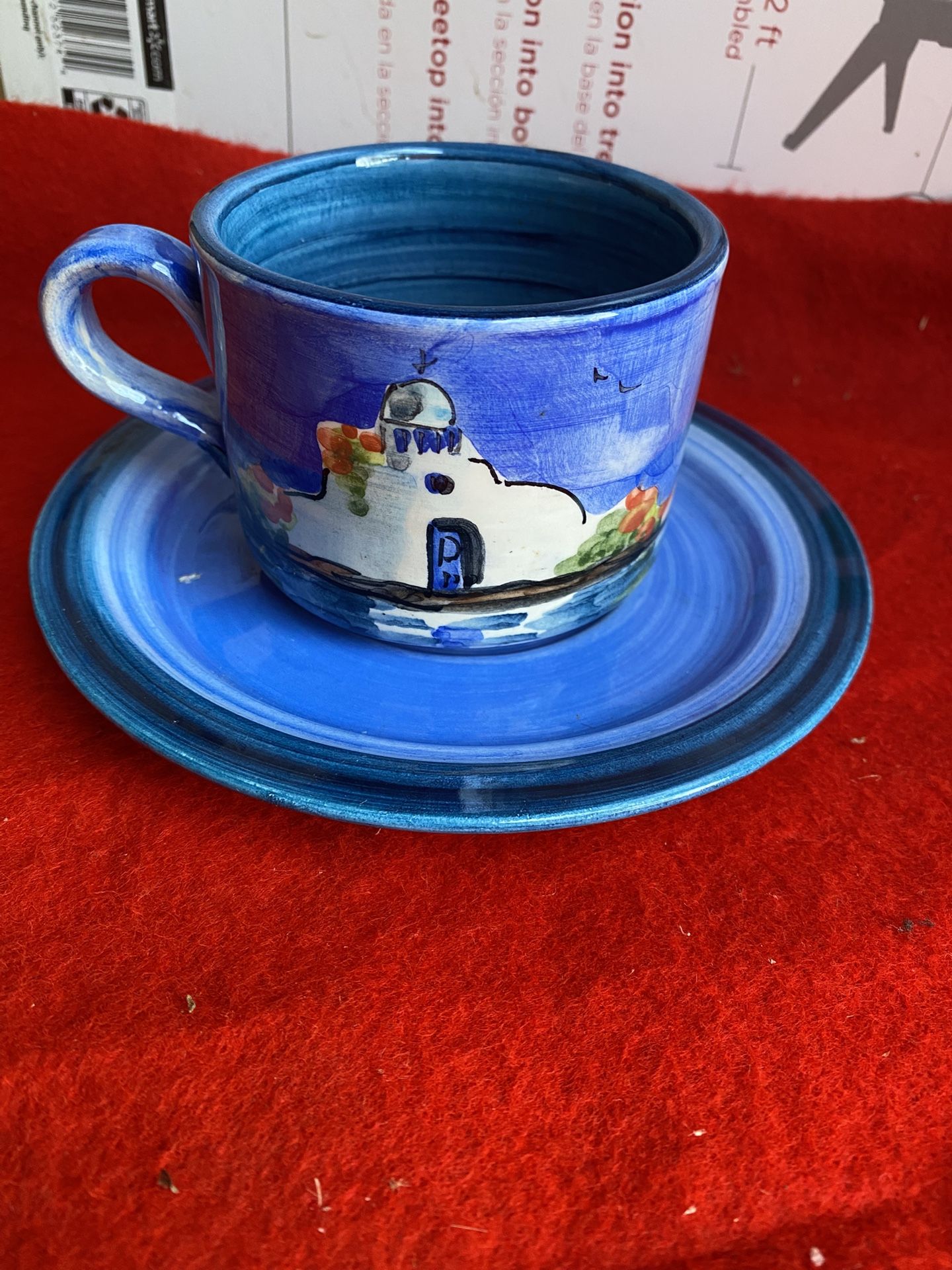 Hand Painted Blue Greek Ceramic Cup & Plate Set Imported From Greece