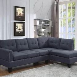 Brand New Gray Linen Sectional with Nail Head Design