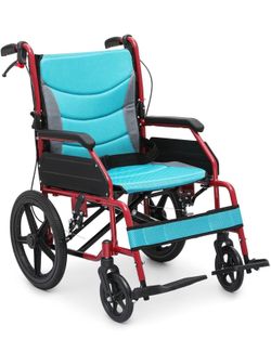Folding Transport Wheelchair with Removable Cushion and Loop-Lock Handbrakes Wheel Chair for Adults, 17.5 inch Seat User-Friendly Lightweight Foldable